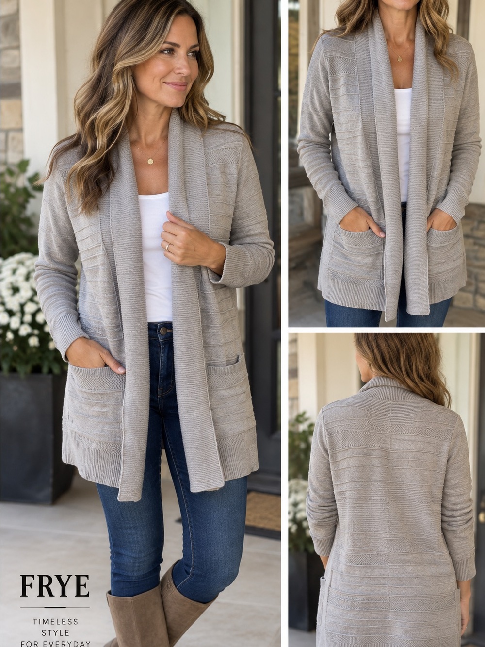 Frye Cardigan Sweater Women's Large Gray Open Front Pockets